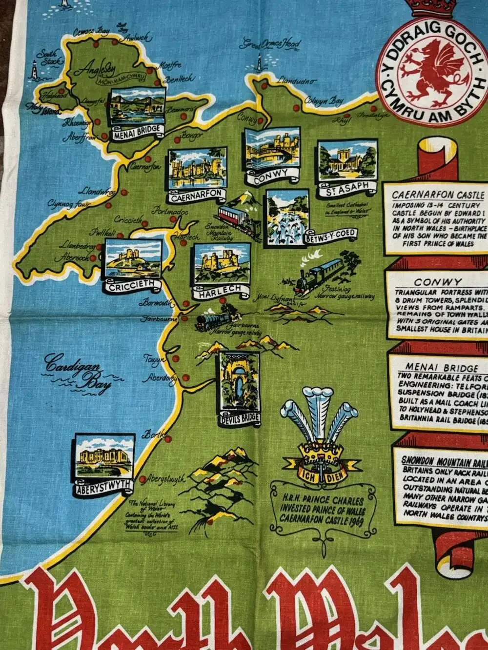 Vintage North Wales Souvenir Map 100% Cotton Tea Towel